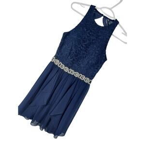 JODI KRISTOPHER! RICH NAVY BLUE LACE TOP, JEWELED/BEADED WAISTLINE DRESS! SZ 1